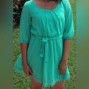Sequin Hearts Teal Dress with Lace Hem